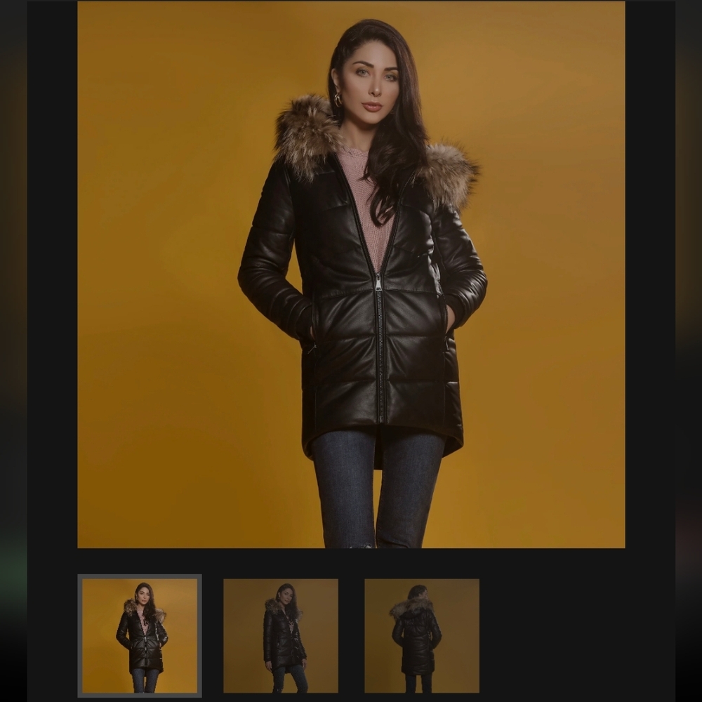 Puffer hooded black leather long jacket